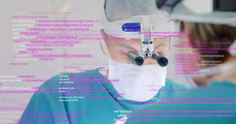 Surgeon operating using forceps in medical OR as code scrolling on X-ray viewer 스톡 동영상 316087658