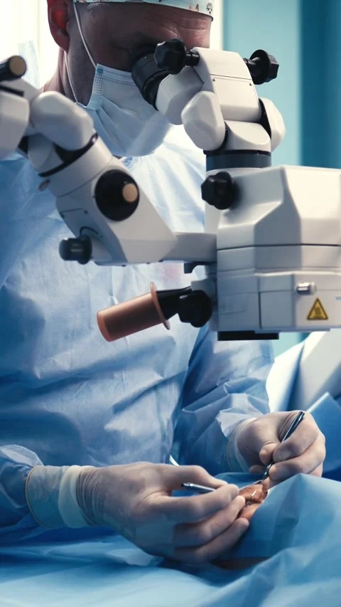 Surgeon performing intricate eye surgery using a microscope, focused on patients Stock Footage 337386212