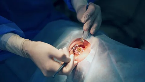 Surgeon performing intricate laser eye surgery with professional medical in.. Stock Footage 337476504