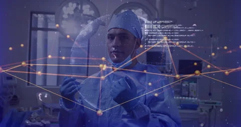 Surgeon preparing gloves under surgical lights as holographic globe network Stock Footage 310644043
