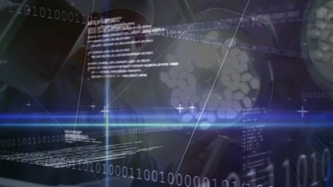 Surgeon raising arm, leaning in, operating, causing binary overlays, grids Stock Footage 330893983