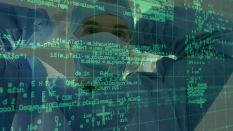 Surgeon reacting to code scrolling in OR, adjusting cap and securing mask, green Stock Footage 310385704