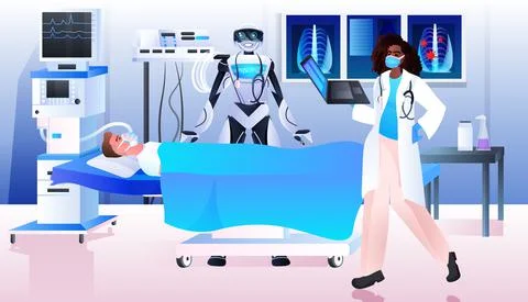 Surgeon with robotic assistant making operation to patient lying on bed Stock Illustration