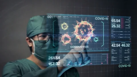 Surgeon Scientist Touching Screen for Accessing Coronavirus COVID-19 Data Stock Footage 126327530