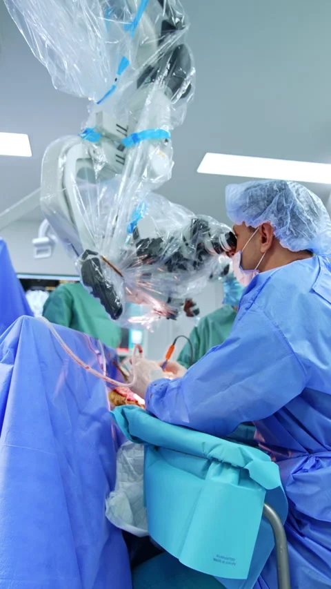 Surgeon sitting at the patient using microscope. Stock Footage 308096136
