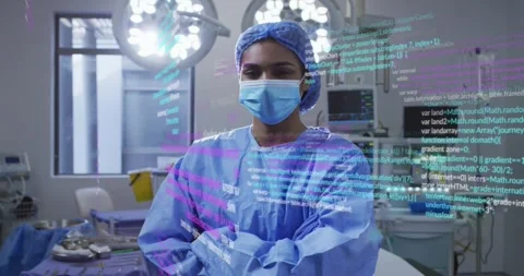 Surgeon standing in operating room starting code overlays intensifying medical 스톡 동영상 319682937