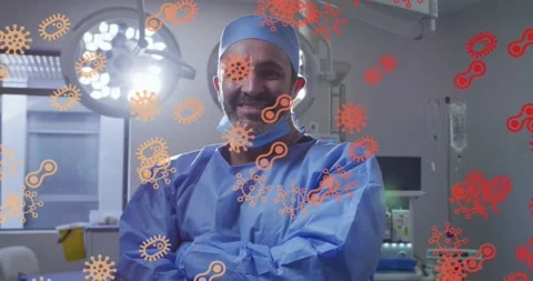 Surgeon standing in OR, frames starting microbe overlays indicating health, Video stock 323455144