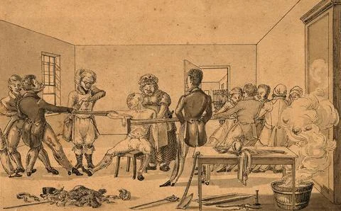 A surgeon supervising two groups of people pulling in opposite directions i.. Illustrazione stock