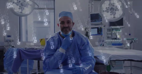 Surgeon touching mask in operating suite and reacting to animated binary codes Stock Footage 310969510