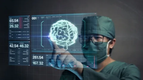 Surgeon Touching Screen for Accessing Brain Patient Data. Future Medical Conc Stock Footage 124281710