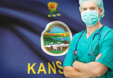 Surgeon with US state flag on background - Kansas 스톡 사진