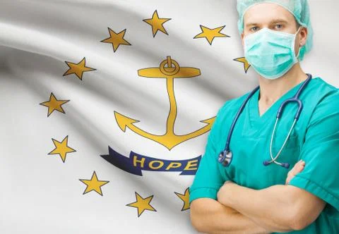 Surgeon with US state flag on background - Rhode Island Foto stock