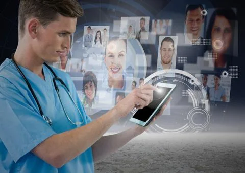 Surgeon using digital tablet with digitally generated networking icons Stock Photos