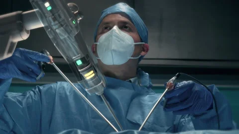 Surgeon using robotic arms for minimal invasive laparoscopic operation. Vídeo Stock 157995131