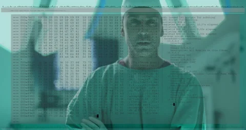 Surgeon watching data overlay showing hex dumps appearing over OR, validating Stock Footage 315528578