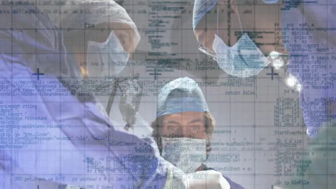 Surgeons adjusting masks under OR lights, code overlay shifting while sampling Stock Footage 310385696
