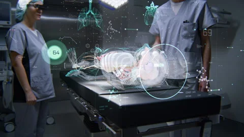Surgeons in AR headsets. 3D graphics of human skeleton and organs Stock Footage 256698317