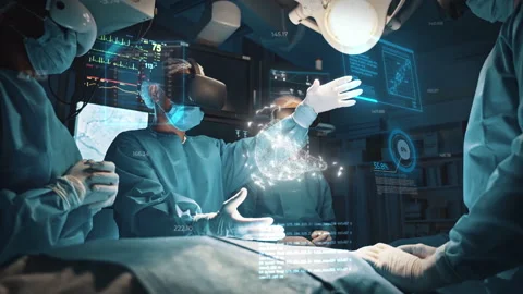 Surgeons examine patient organ using augmented reality holographic headsets Stock Footage 152656367