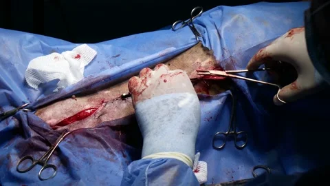 Surgeon's Hands Do Suturing With Clamps And Thread During The Animal Surgery Stock Footage 167991286