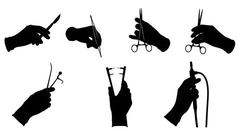 Surgeon's Hands with Tools Silhouette Set Stock Illustration