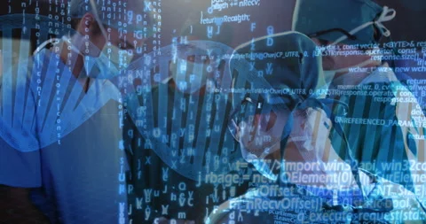 Surgeons operating with DNA strand and binary coding overlay animation Stock Footage 303842063