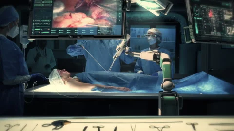 Surgeons perform a delicate operation using medical surgical robot. Stock Footage 159567246