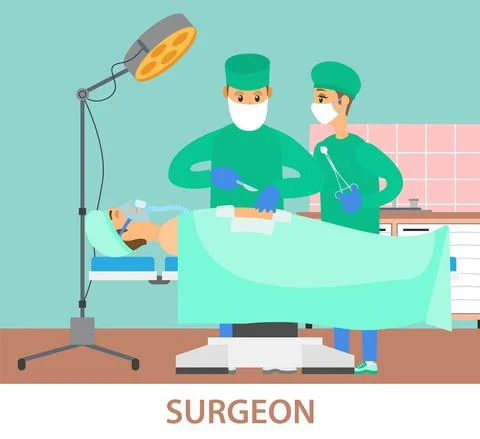 Surgeons perform operation and make an incision. Patient lies on operating table Stock Illustration