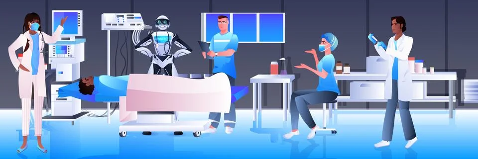 Surgeons with robotic assistant making operation to patient lying on bed Stock Illustration