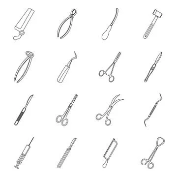 Surgeons tools icons set, outline style Stock Illustration