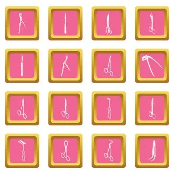 Surgeons tools icons set pink square Stock Illustration