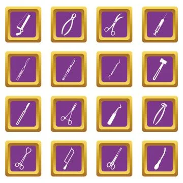 Surgeons tools icons set purple Stock Illustration