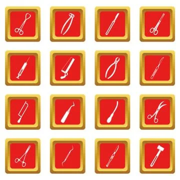 Surgeons tools icons set red Stock Illustration
