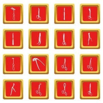 Surgeons tools icons set red square Stock Illustration