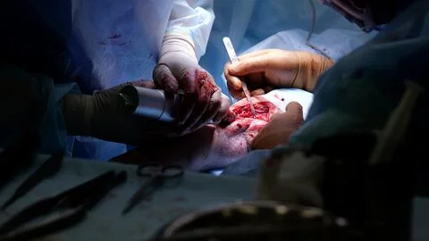 Surgeons working meticulously during a complex operation, using specialized Stock-Fotos