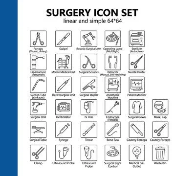 Surgery icon set linear and simple 64x64 collection of medical instruments .. Stock Illustration