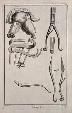 Surgery: instruments for the amputation of limbs, including chisels and nee.. Stock Illustration