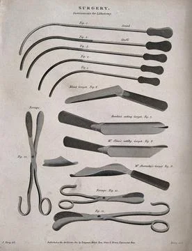 Surgery. Instruments for lithotomy, including Mr. Cline's cutting gorget. E.. Stock Illustration