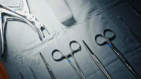 Surgery Instruments Overhead Close Up Move Right Stock Footage 96225091
