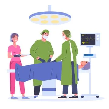 Surgery process with operating lamp medical staff and patient on table. Stock Illustration