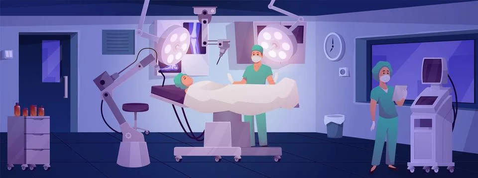 Surgery room interior vector flat illustration, patient under anesthesia on the Illustrazione stock