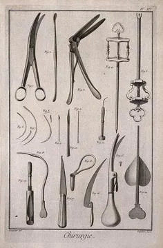 Surgery: surgical instruments, including a catheter, a curved chisel, a cur.. Stock Illustration