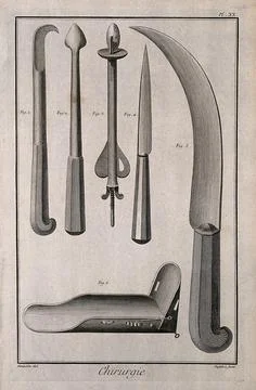 Surgery: surgical instruments, including instruments to extract the head of.. Stock Illustration