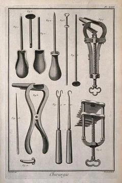 Surgery: surgical instruments, including a speculum for the uterus and a sp.. Stock Illustration