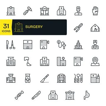 Surgery Vector Icon Collection featuring 35 Grid Fitted 64x64 Regular Line .. Stock Illustration
