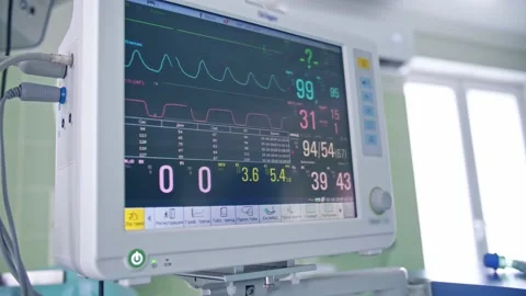 Surgical anesthesia machine in operating room shows indicators of life and pulse Stock Footage 150886624