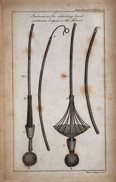 Surgical instrument for extracting objects lodged in the throat: four figur.. Stock Illustration