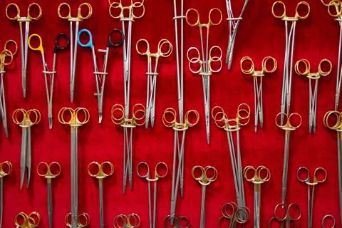 Surgical instruments and tools in the display case. Sales Stock Photos