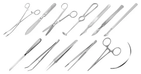 Surgical instruments. Different types of tweezers, scalpels, Liston s amputation Stock Illustration