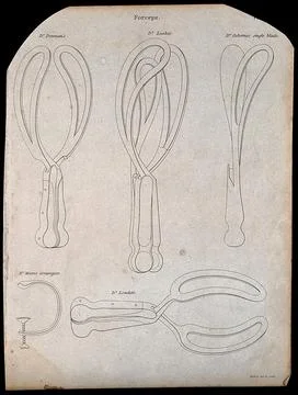 Surgical instruments, mainly forceps. Engraving by Mutlow. Stock Illustration