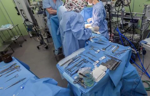 Surgical instruments in operating room on table. Stock Photos